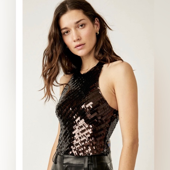 Free People intimately free disco fever black sequin sash neck tie top size S - Picture 3 of 8